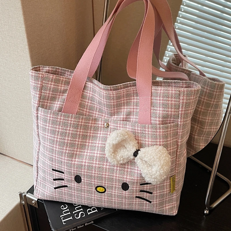日系卡通KT猫帆布包女2025新款潮时尚格子手提通勤包大容量托特包