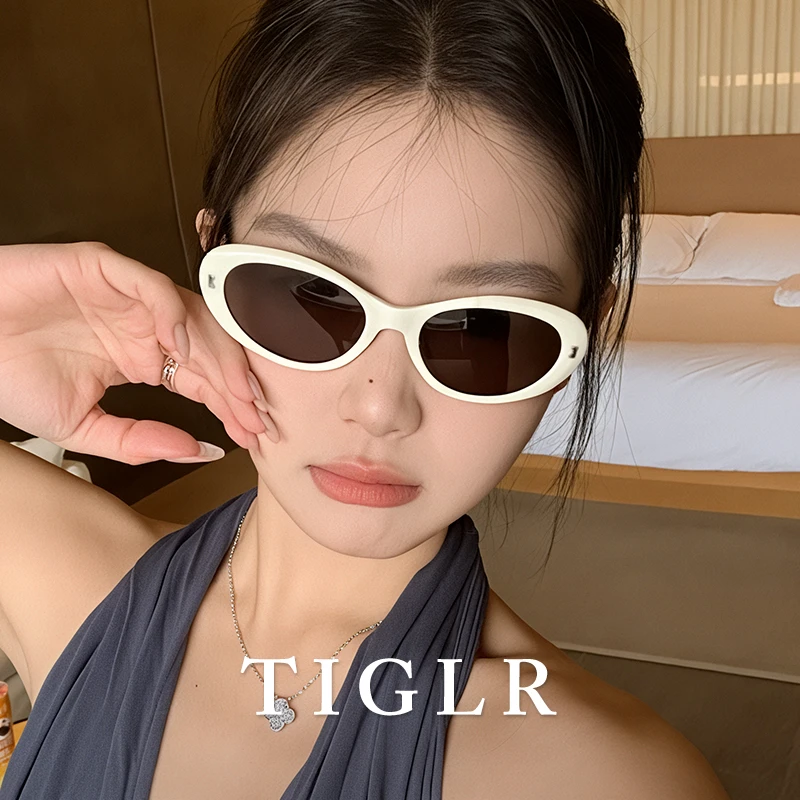 帝格勒白色猫眼墨镜女款方圆脸高级感茶色椭圆框防紫外线太阳眼镜
