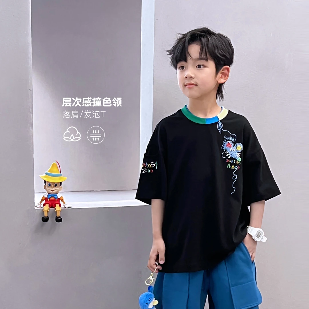 夏季儿童撞色双层领短袖中大童T恤黑色潮牌休闲上衣5059745O3