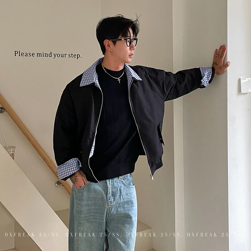 OXFREAK 「撞色拼接 翻领格子」假两件哈灵顿夹克男短款宽松外套