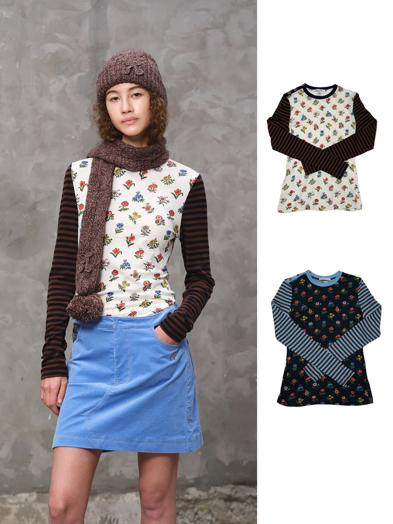 puzzle piece设计师品牌26早春小碎花Poppy条纹纽扣长袖T恤百搭