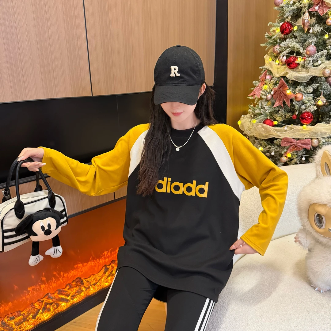 德绒【时光恋人】时尚休闲宽松百搭圆领套头拼接德绒长袖T恤09-1