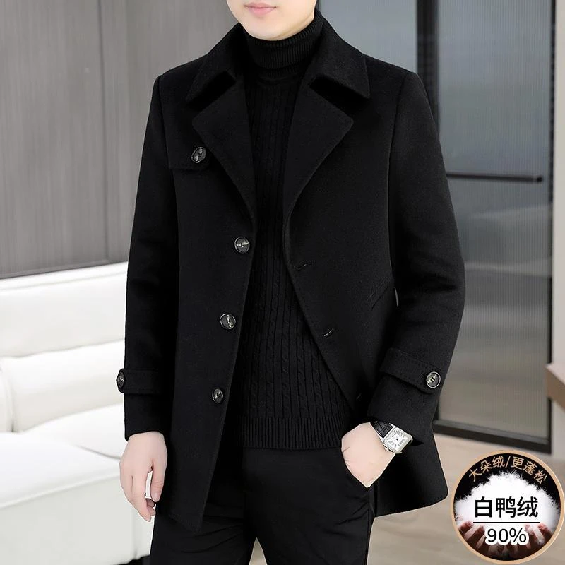 轻奢羊绒毛呢大衣男士外套秋冬中长款加厚羽绒胆纯色双面呢子风衣