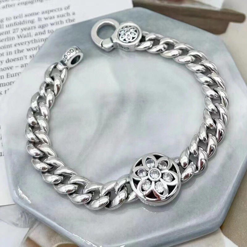 925银合成锆石手链 朋克风做旧石樱花手链男士潮流纯银光面古巴链