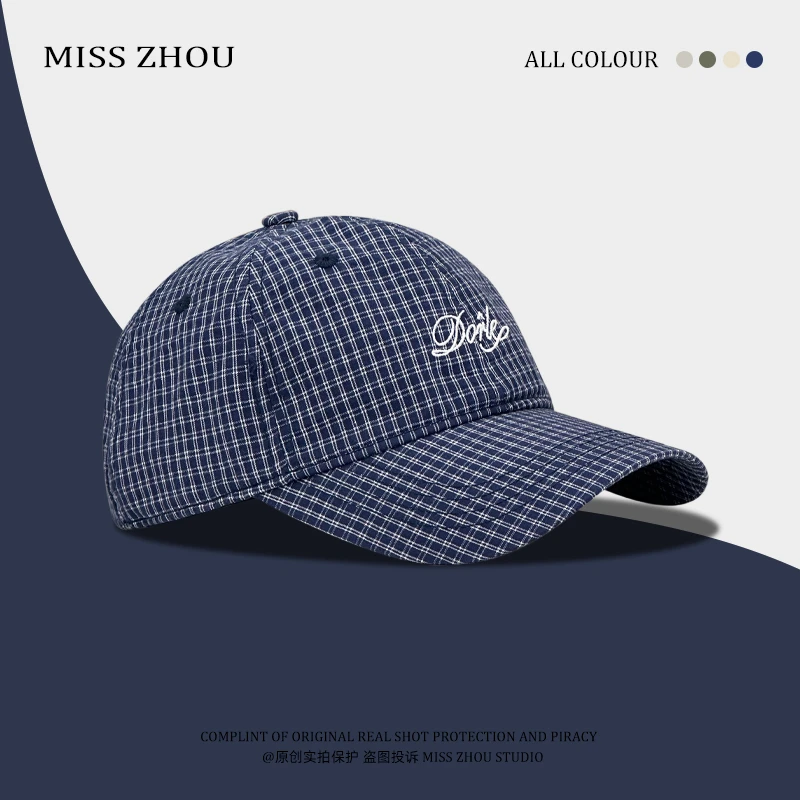 韩国新款格子字母刺绣鸭舌帽子男女夏季百搭宽檐软顶棒球帽显脸小