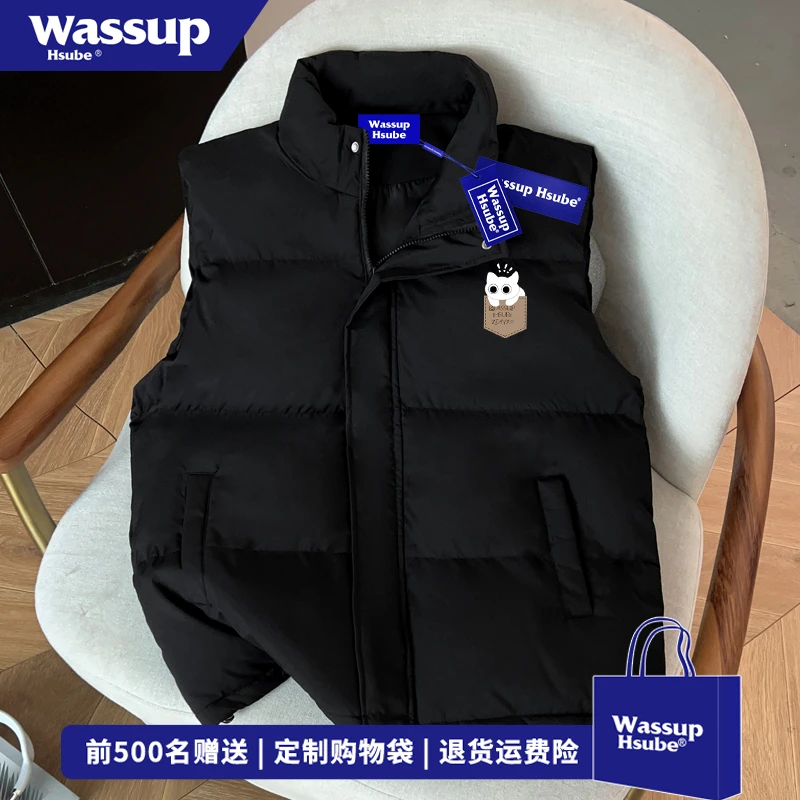 WASSUP HSUBE秋冬宽松黑色坎肩外套男女潮牌趣味猫咪印花立领马甲