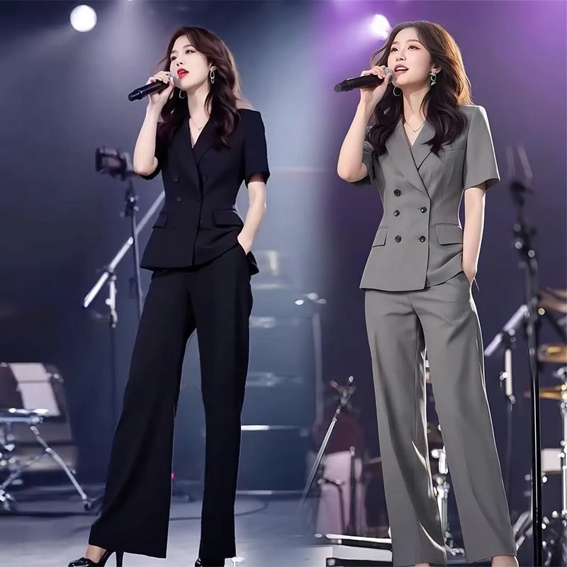 韩系时尚穿搭夏季新款职业范通勤短袖西服上衣高腰显瘦裤子两件套