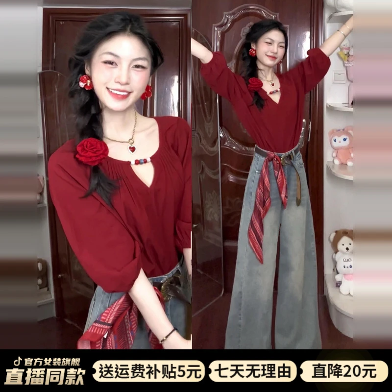 韩系chic别致设计感上衣多巴胺绝美超好看红色系韩系复古系带衬衫