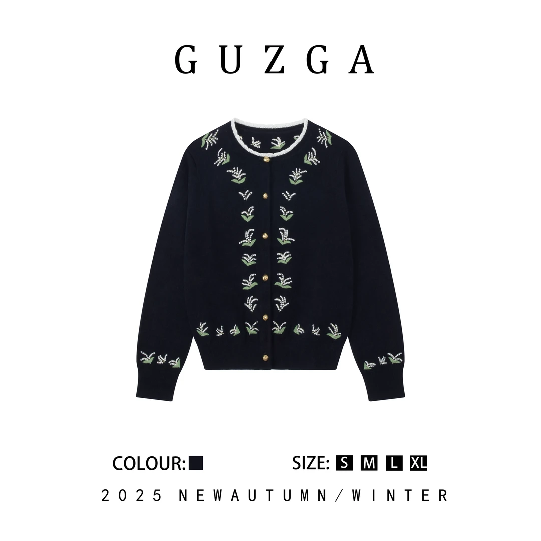 GUZGA【智性美人】2025秋季上新圆领藏蓝色针织毛衣时尚百搭