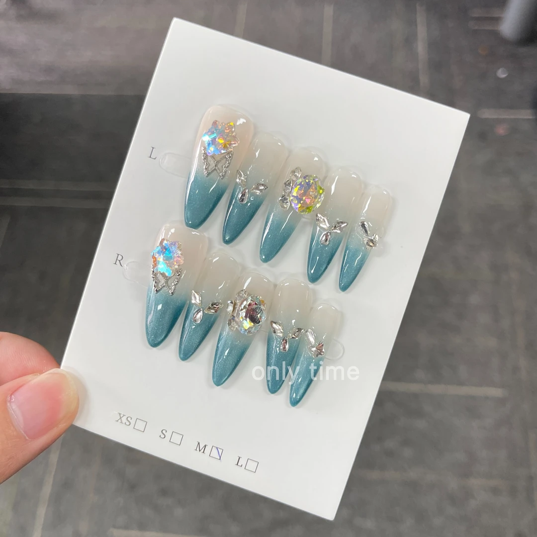 【海雾星尘】海蓝色高级感显白猫眼美甲超长款满钻纯手工穿戴甲