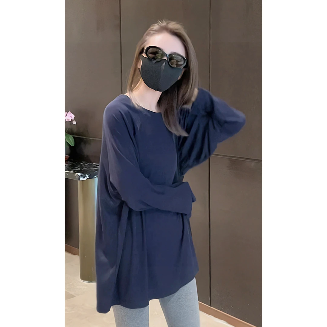 宽松慵懒风纯藏蓝色长袖t恤女2025早秋内搭宽松显瘦紫色暴力熊