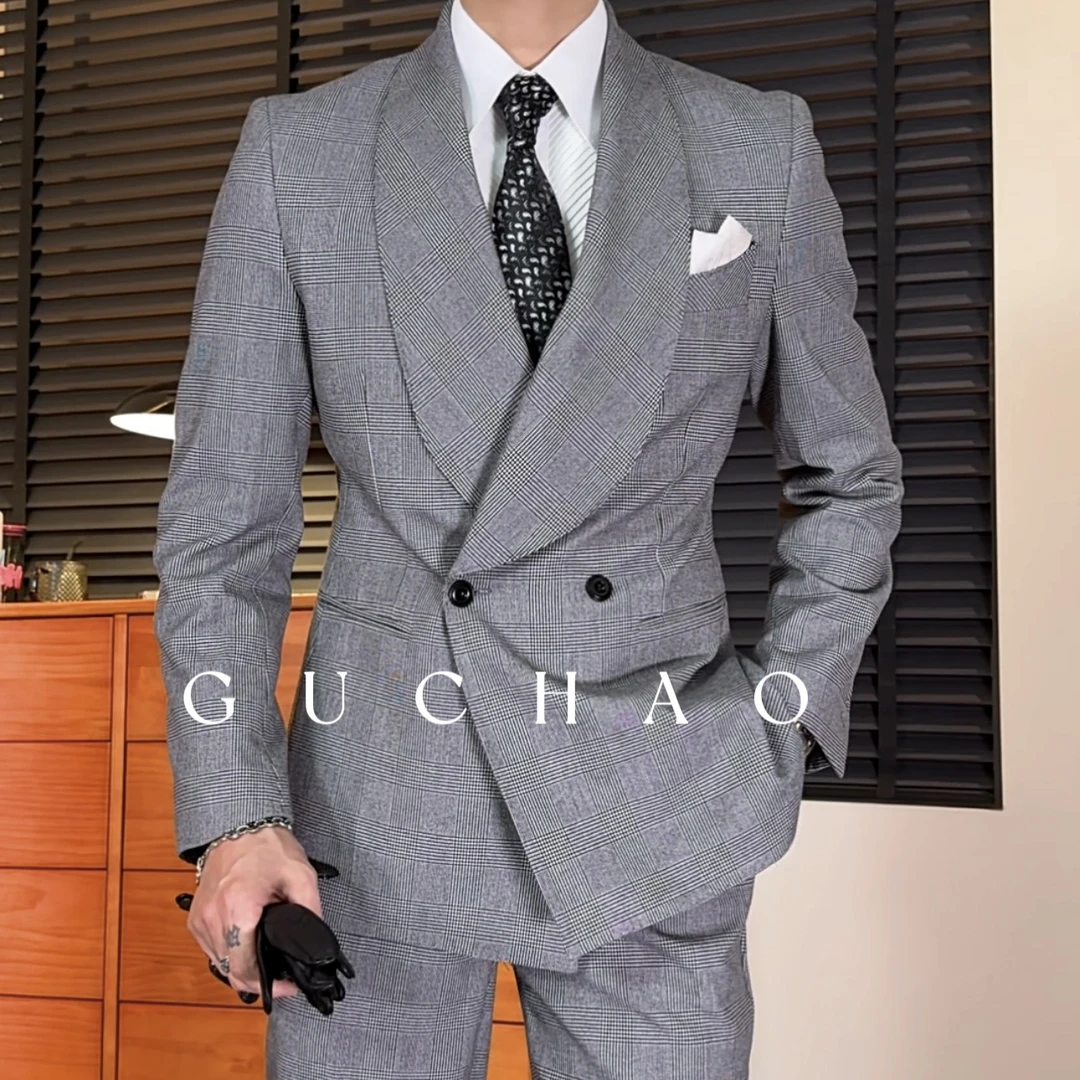 春秋轻奢礼服版西装套装千鸟格双排婚礼宴会主持青果领西装男8012