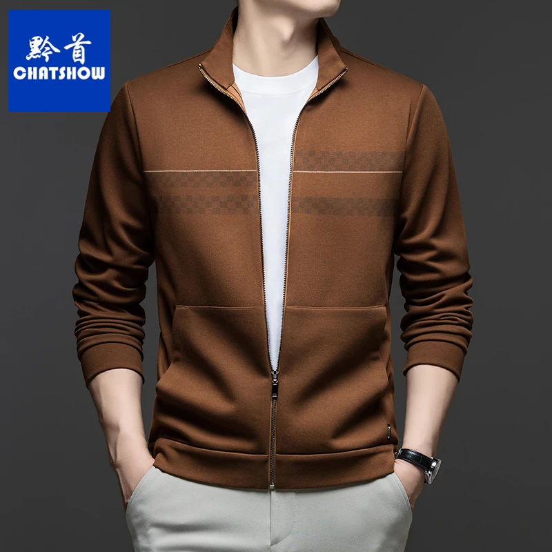 高档磨毛男士商务休闲夹克秋季新款时尚印花立领拉链外套夹克衫男