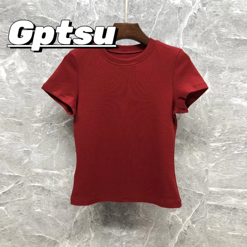 GPTSu正肩高级感修身红色短款T恤女夏2025欧货显瘦体恤短袖衫上衣