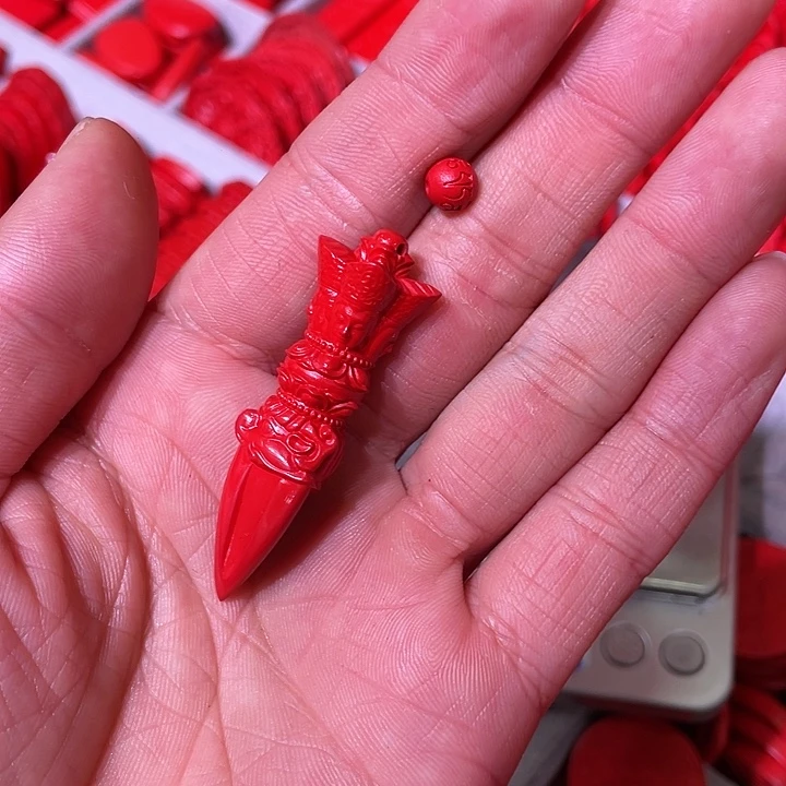 天然辰砂红砂杵卡6六字手机挂咖色