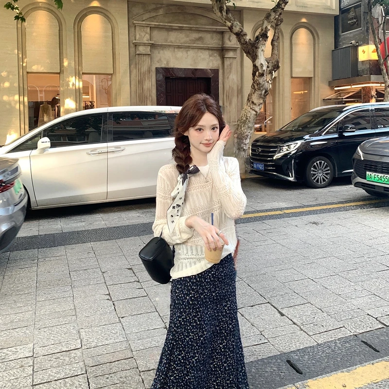 Zzhen【淡系老钱】设计感交叉镂空针织衫宽松舒适长袖DTX742