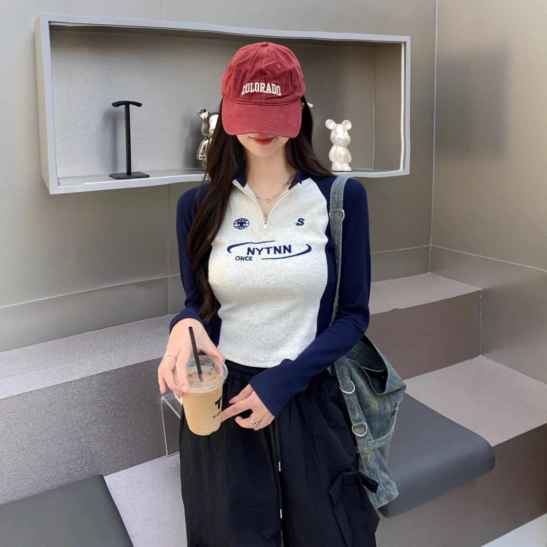 秋季新款长袖T恤女刺绣拉链撞色针织插肩袖设计感女装上衣服长