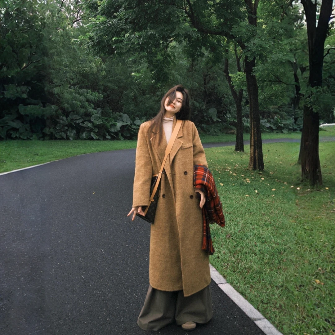 秋冬新款棕色呢子大衣女夹棉加厚中长款高级感小个子毛呢外套女