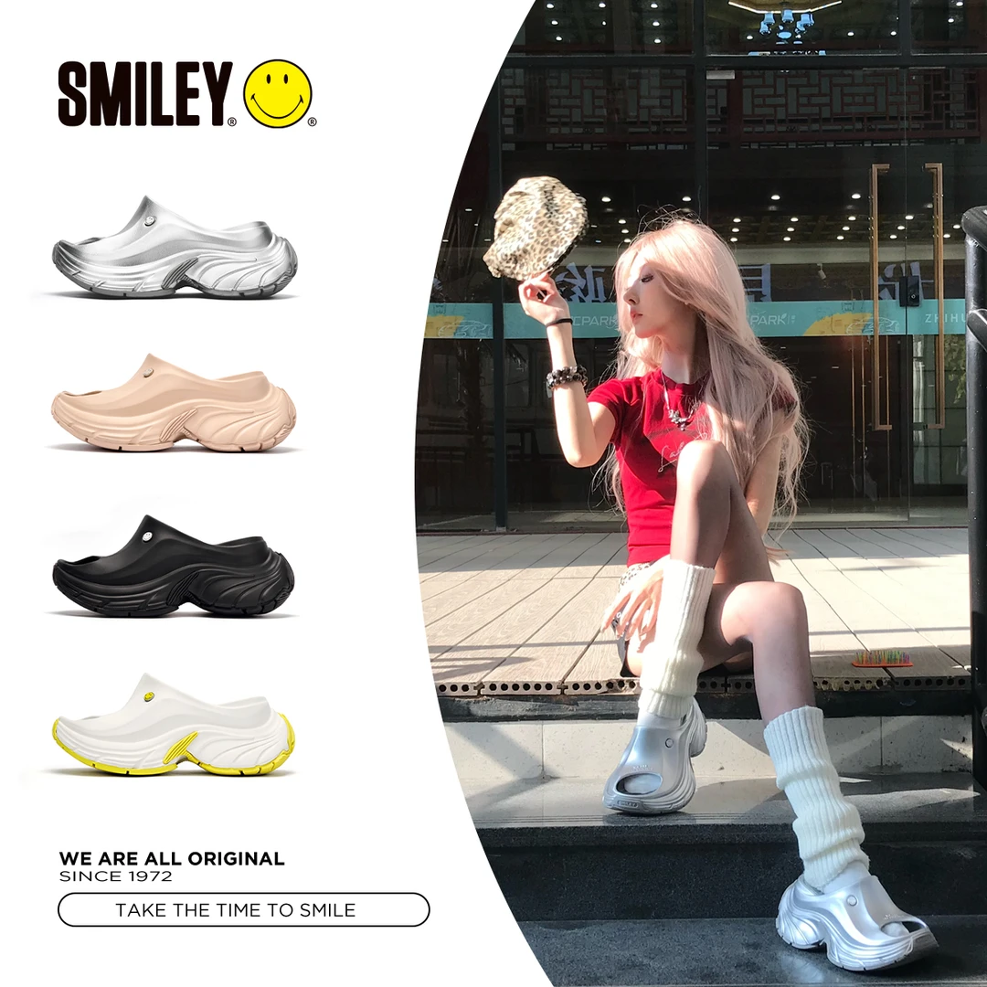 【谢可寅同款】SMILEY笑脸银色拖鞋女增高夏季沙滩防滑凉拖厚底女鞋