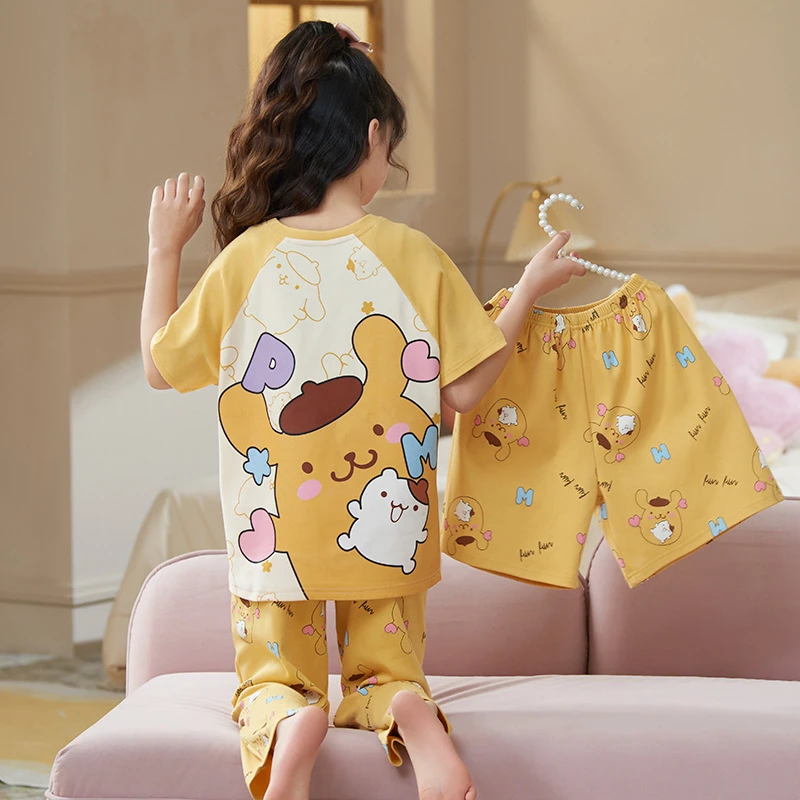 儿童女孩夏天睡衣三件套卡通女童薄款短袖长裤短裤大童套装家居服