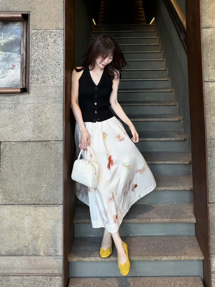 2025夏季新款韩系穿搭老钱风黑色无袖马甲上衣显瘦高级感半身裙女