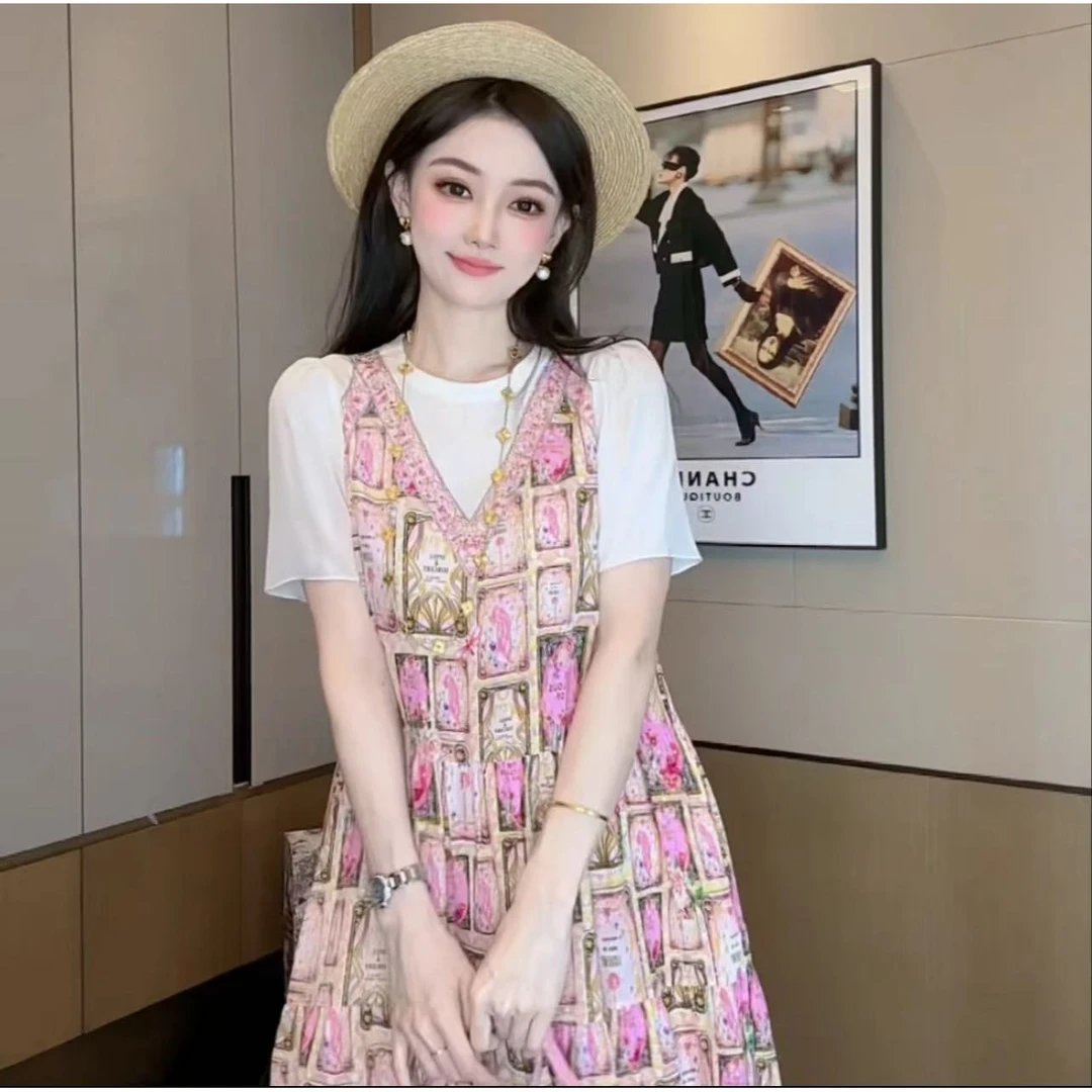 法式拼色宽松连衣裙女夏季新款轻奢风收腰显瘦时尚百搭a字中长裙