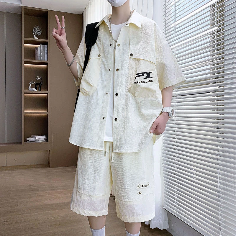 衬衫外套男夏季男士套装学生冰丝透气速干休闲宽松潮流短袖痞帅气