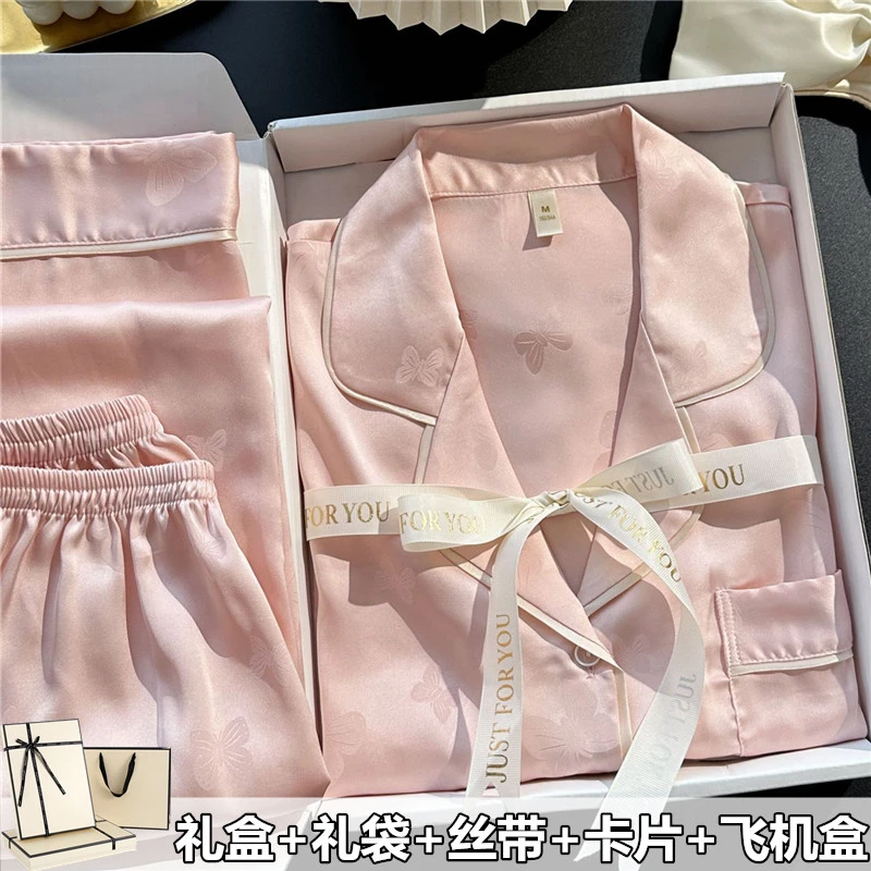 睡衣女2025新款夏季冰丝短袖短裤长裤三件套送闺蜜妈妈母亲节礼盒