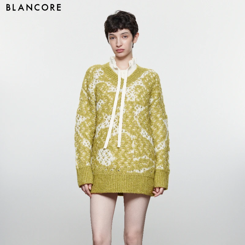 【设计师品牌BLANCORE】冬季新款设计感拼色套头毛织外套