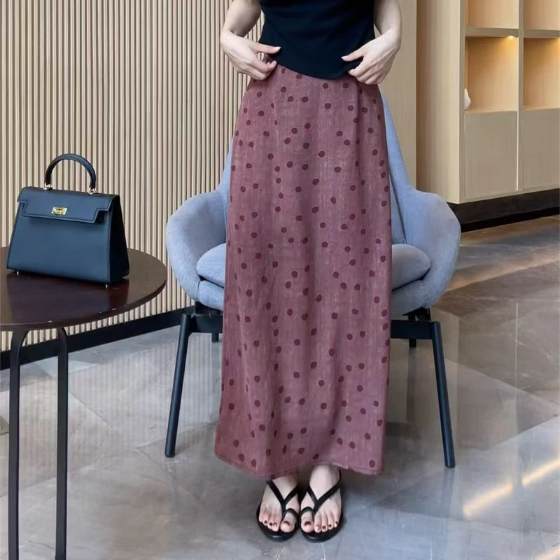【梦婷家】波点开叉半身裙复古高腰遮胯显瘦中长裙-25748