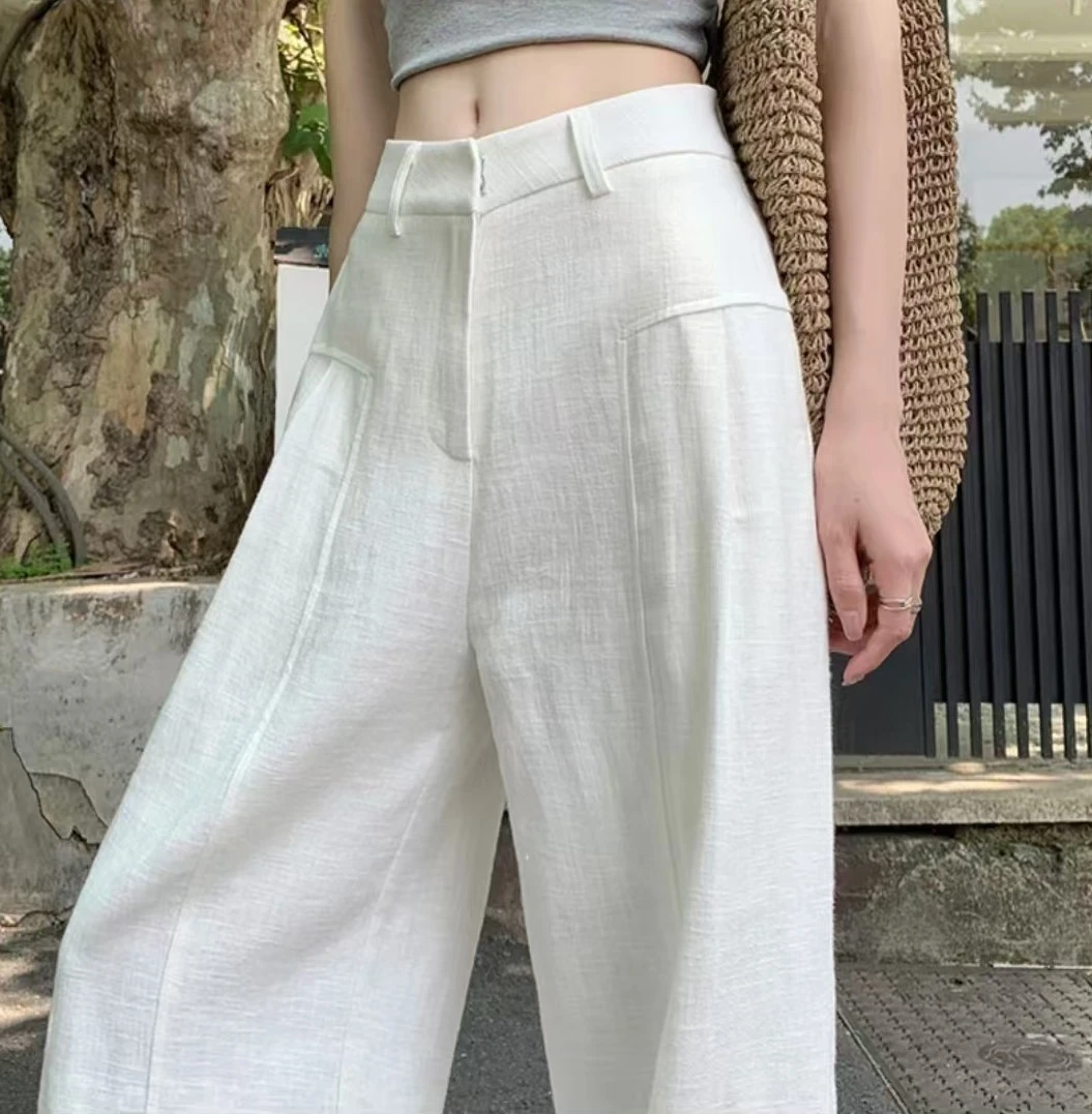 白色亚麻阔腿裤女夏薄款高腰垂感老钱风西装直筒休闲裤阔腿夏季