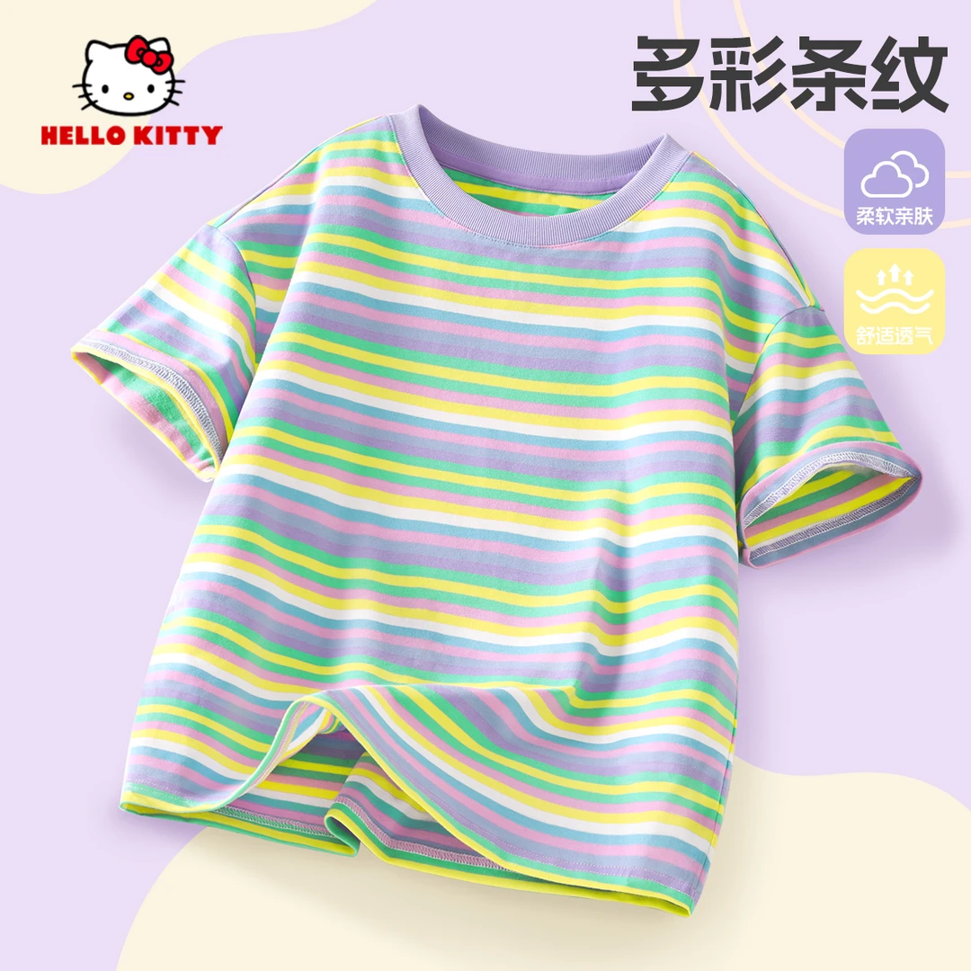 Hello Kitty女童夏季t恤2025新款女大童夏装休闲透气上衣条纹半袖