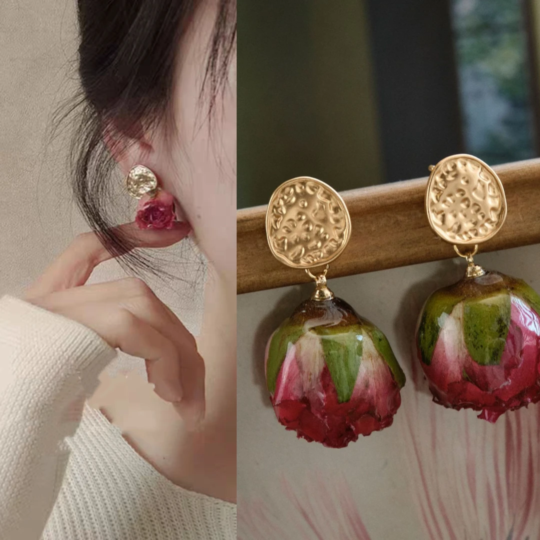 无耳洞「玫瑰藏香」永生干枯玫瑰真花耳环气质无痛蚊香盘耳夹