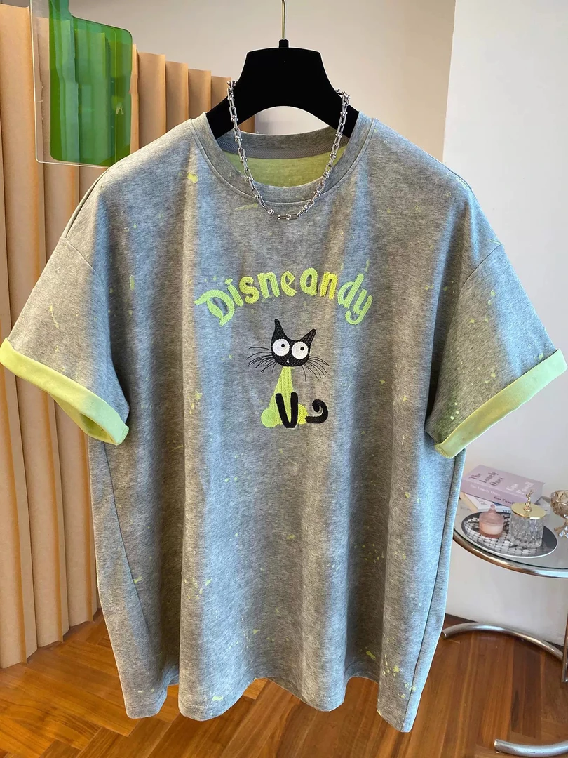 【卡通小猫】2025夏季新款女装百搭灰色字母T恤高级感穿搭上衣D0426