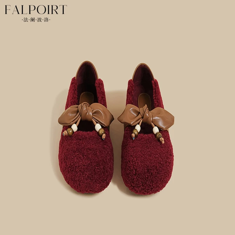 FALPOIRT网红爆款毛毛豆豆鞋女秋冬季加绒浅口单鞋蝴蝶结红色平底