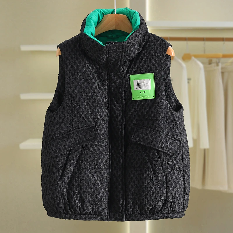 【伍莎-自营】韩版修身格子加厚立领短款羽绒服马甲#JYR48H011