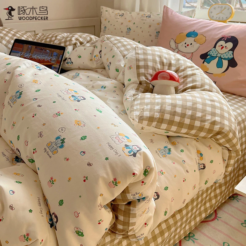 啄木鸟全棉纯棉床上四件套学生宿舍被套床单床笠款三件套四季通用