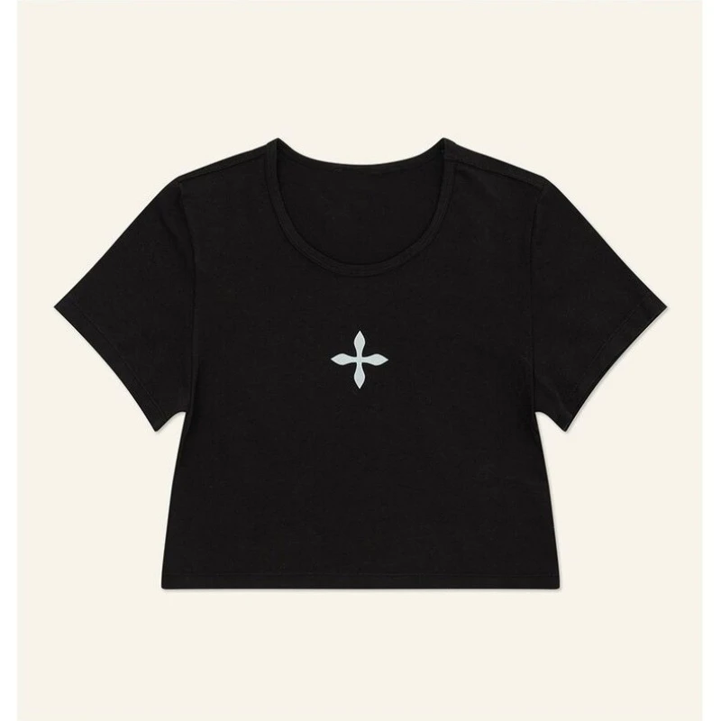 实拍经典街头黑色修身短款运动恤女新款纯棉休闲百搭女士夏季复古