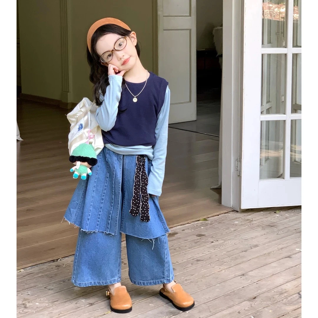 女宝春秋季韩系叠穿套装2025新款儿童洋气设计感背心打底衫牛仔裤