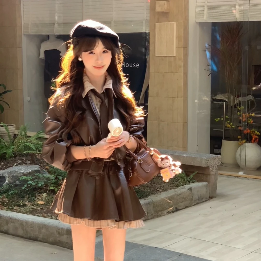 笑笑秋冬季设计感拼接衬衫皮衣夹克开衫外套+百褶半身裙+领带套装