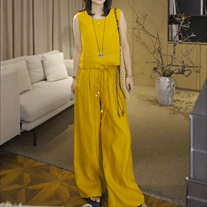 欧洲站2025夏季新款时尚透气套装女亚麻无袖背心显瘦阔腿裤两件套