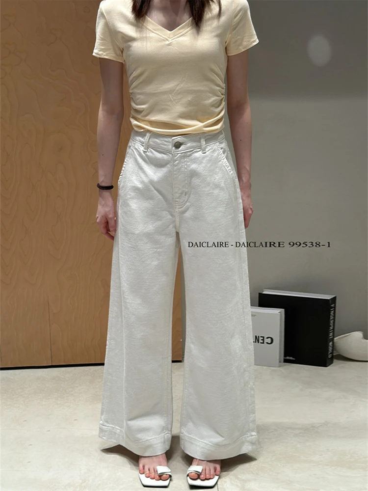 代嘉儿daiclaire牛仔裤女春夏薄款高腰白色宽边十分阔腿裤99538