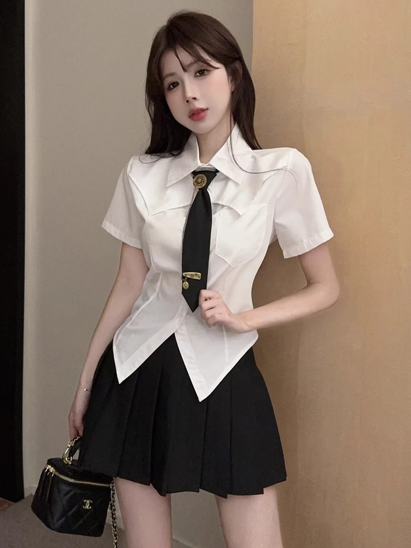 夏季学院风jk制服套装女甜辣减龄洋气短袖衬衫高腰半身裙两件套女