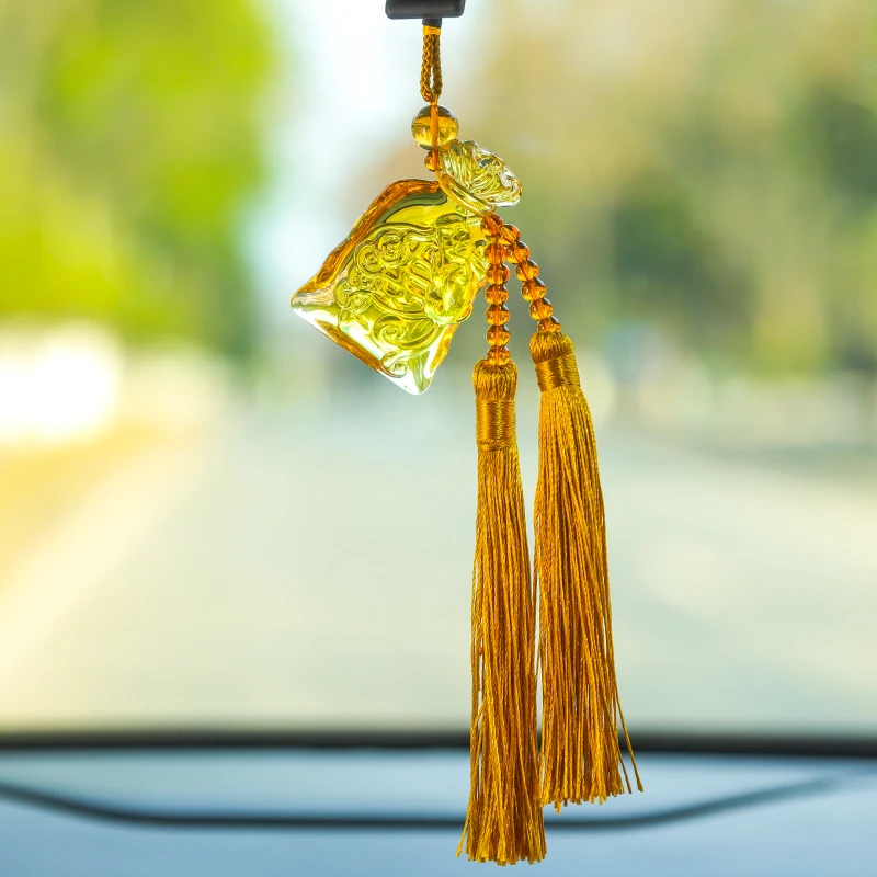 黄水晶福袋流苏汽车挂件摆件黄琉璃葫芦吊饰车内后视镜挂饰品平安