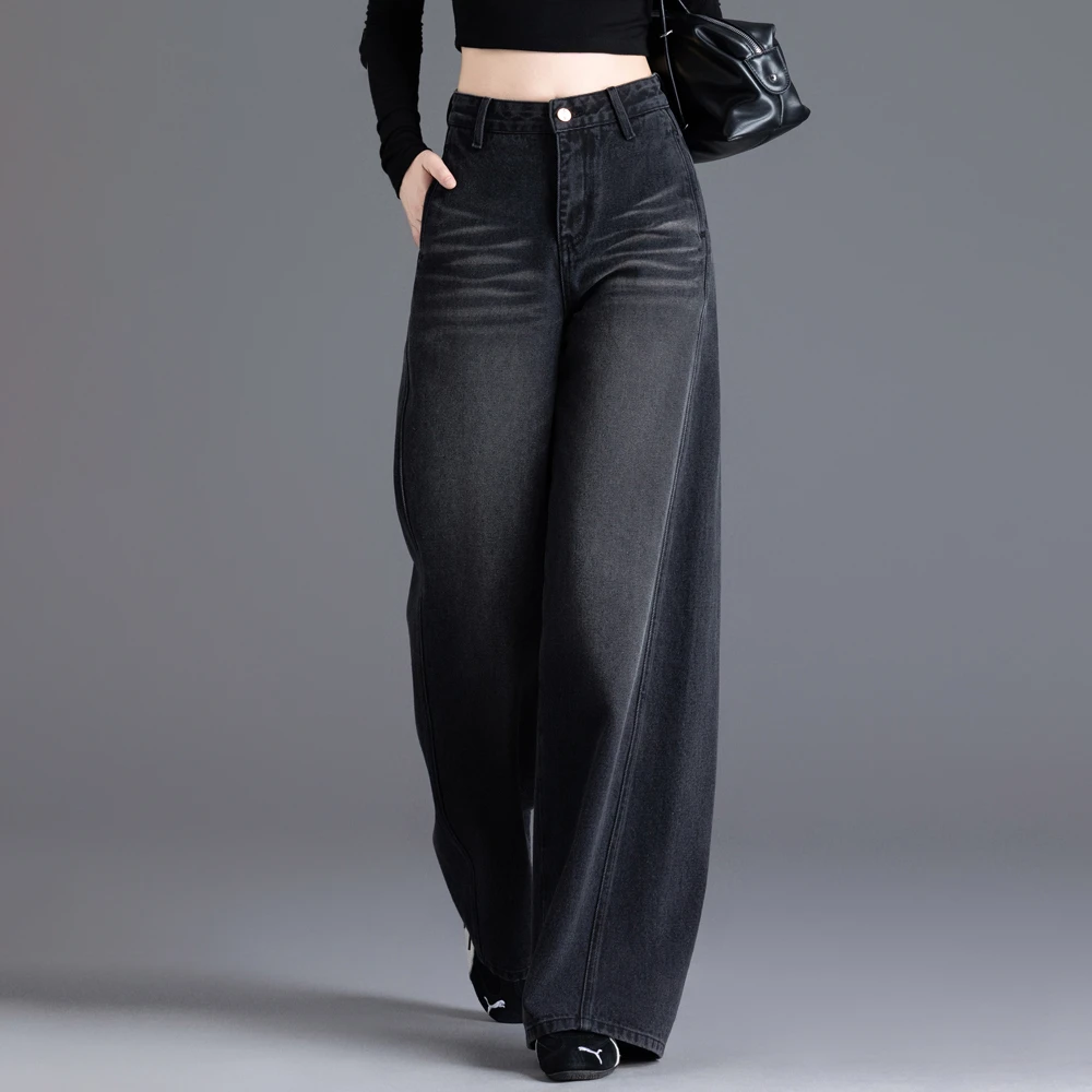 黑灰磨白弯刀牛仔裤女2025秋冬加绒加厚高腰新款宽松简约阔腿长裤