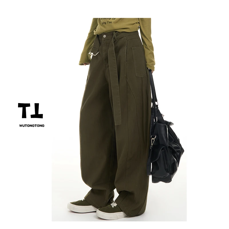 现货【秋日单宁】秋季系带宽松牛仔阔腿裤女韩版纯色休闲裤62567