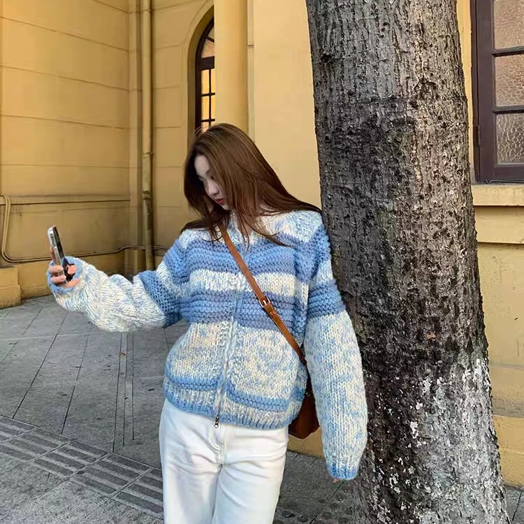 棒针粗毛线手工编织双拉链条纹针织开衫毛衣外套女可外穿打底内搭