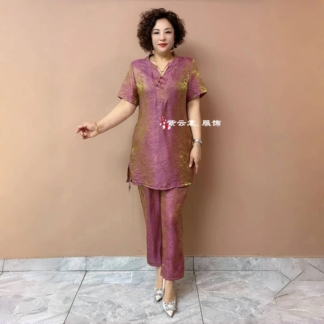 阔太太高端国风夏季宽松大码洋气中长款上衣时尚气质妈妈两件套装
