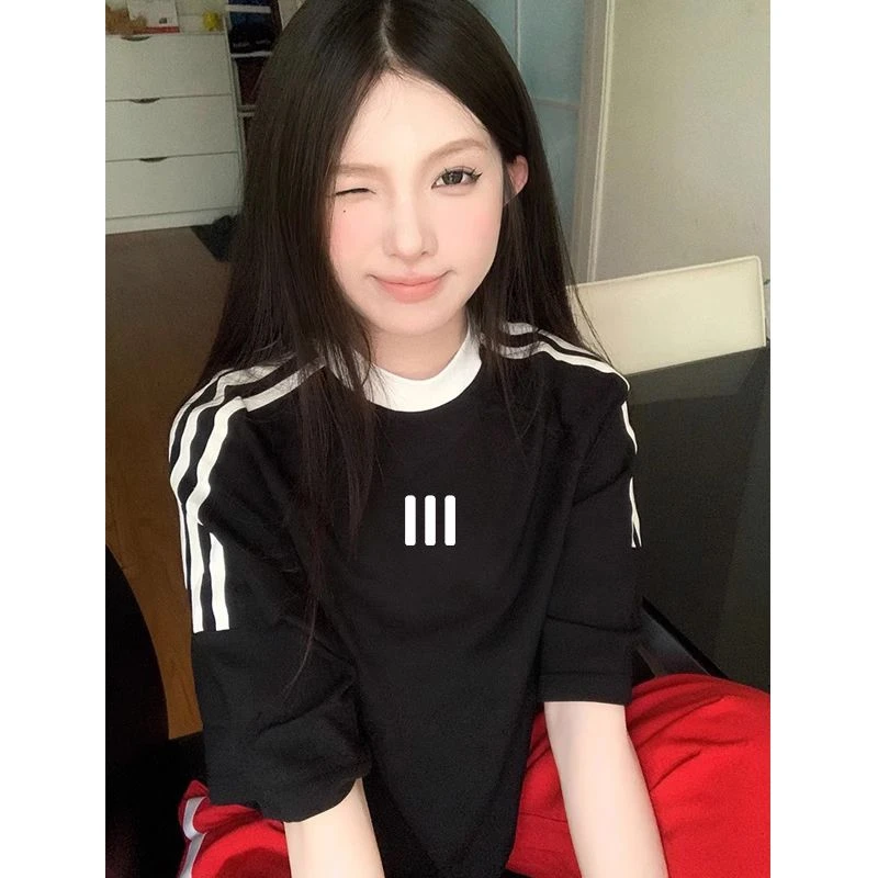 【ZHAP】圆领三杠短袖宽松字母印花T恤女新款慵懒风修身韩版上衣潮