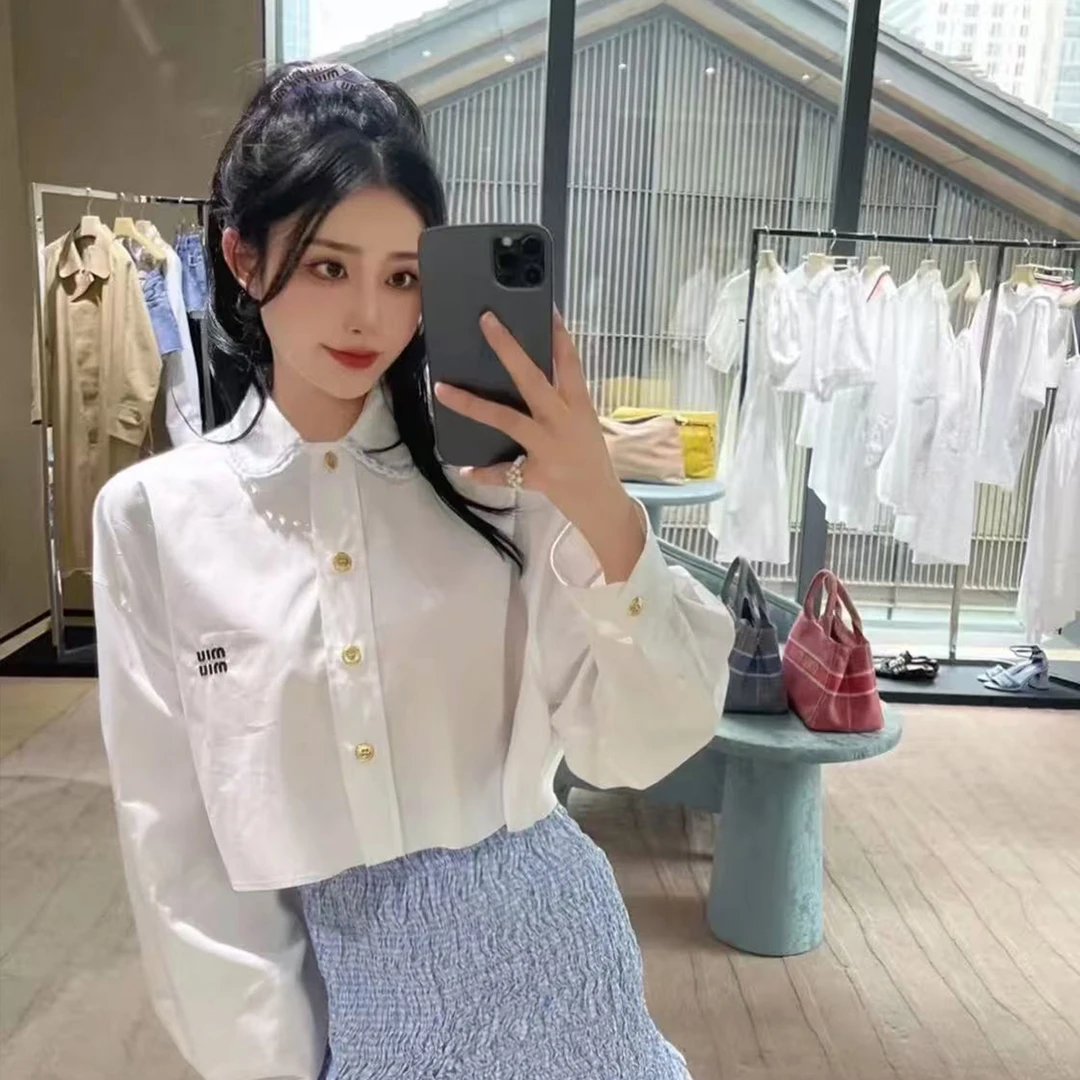 未使用 MIU MIU/缪缪 Logo刺绣排扣长袖防晒衬衫